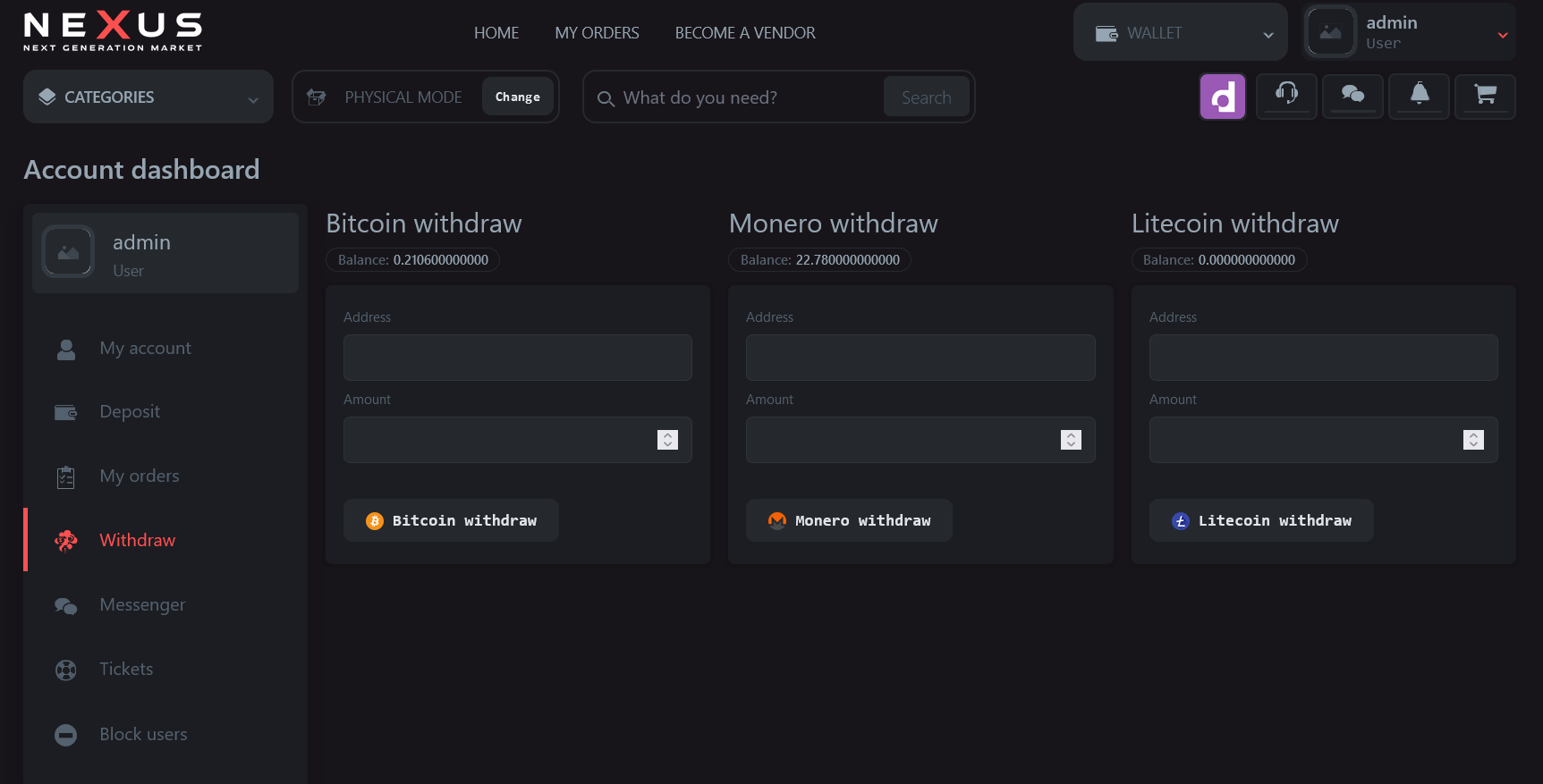 A cosmic-themed visualization of the Nexus marketplace ecosystem, showing interconnected nodes representing vendors and customers in a secure network with red glowing connections